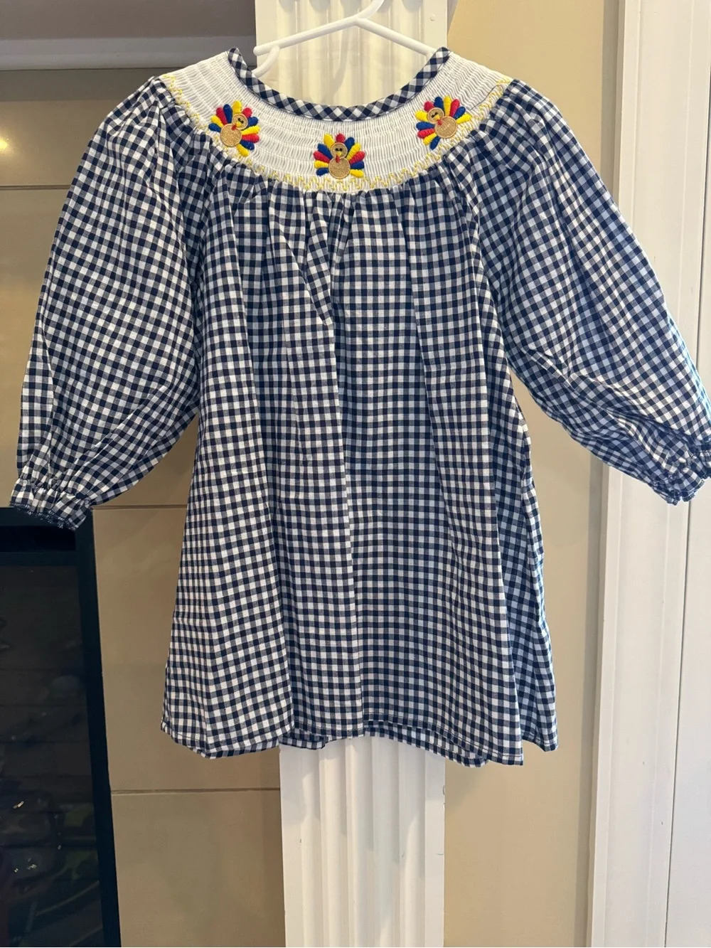 Girls' Gingham Smocked Dress with Turkey Embroidery